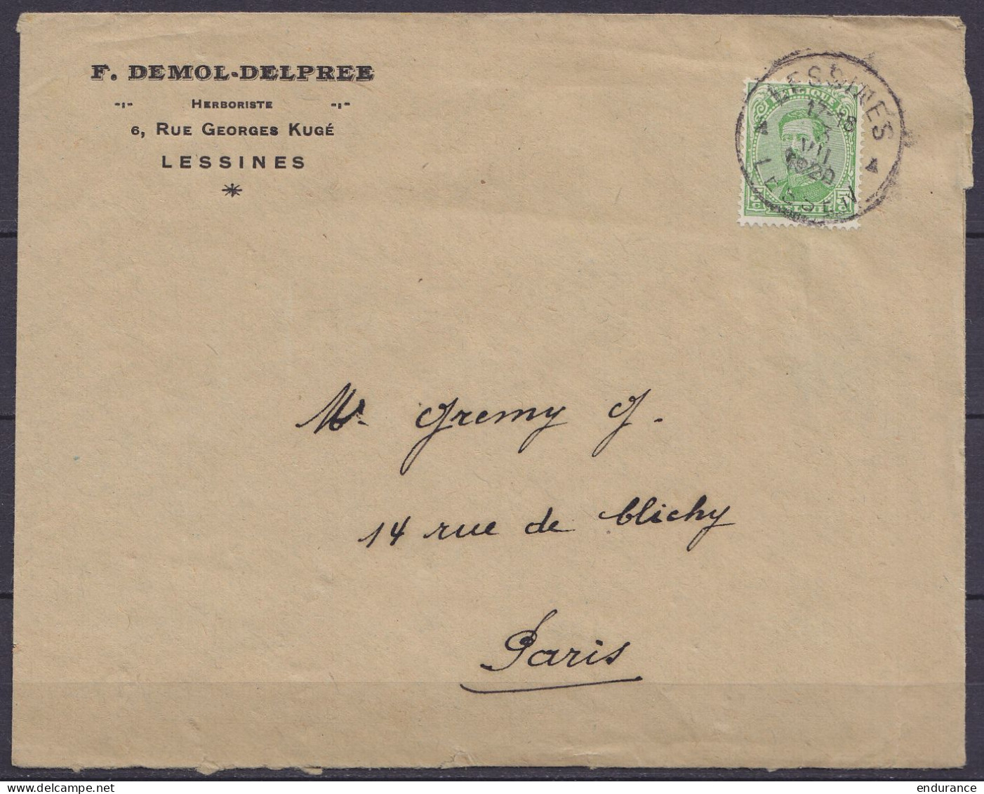 Env. "Herboriste Demol-Delpree" Affr. N°137 (imprimés) Càd Bil. LESSINES / LESSEN /3 VII 1920 Pour PARIS - 1915-1920 Alberto I