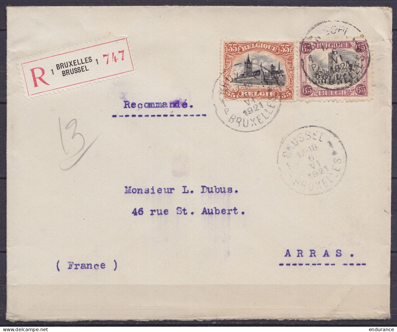 Env. Recommandée Affr. N°142+182 Càd Bil. BRUSSEL / BRUXELLES 1 /6 VI 1921 Pour Collectionneur Dubus à ARRAS (au Dos: Cà - 1915-1920 Alberto I