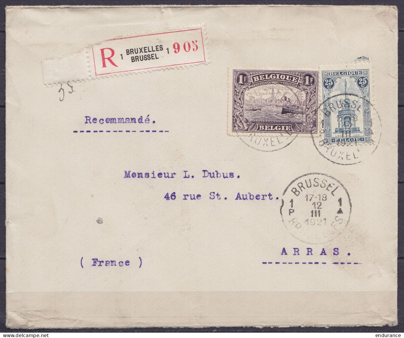 Env. Recommandée Affr. N°145+164 Càd Bil. BRUSSEL / BRUXELLES 1 /12 III 1921 Pour Collectionneur Dubus à ARRAS (au Dos:  - 1915-1920 Albert I.