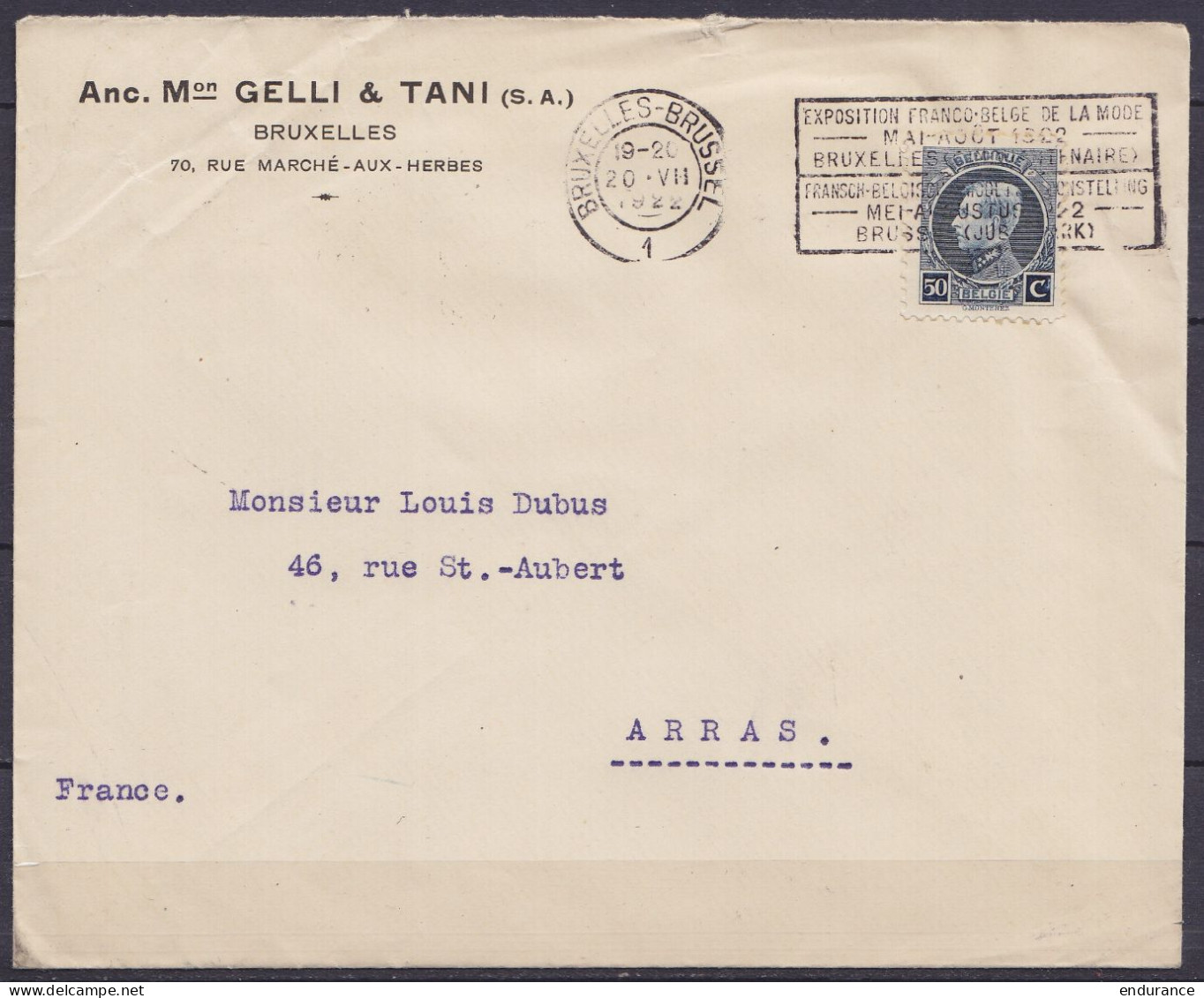 Env. "Philatélie Gelli & Tani" Affr. N°211 Flam. "BRUXELLES-BRUSSEL /20.VII 1922/ EXPOSITION FRANCO-BELGE DE LA MODE ... - 1921-1925 Kleine Montenez