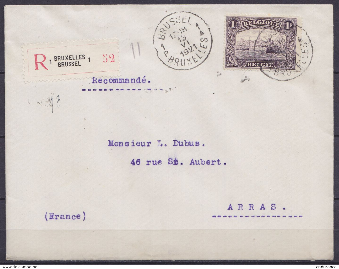 Env. Recommandée Affr. N°145 Càd Bil. BRUSSEL / BRUXELLES 1 /13 VI 1921 Pour Collectionneur Dubus à ARRAS (au Dos: Càd A - 1915-1920 Albert I.