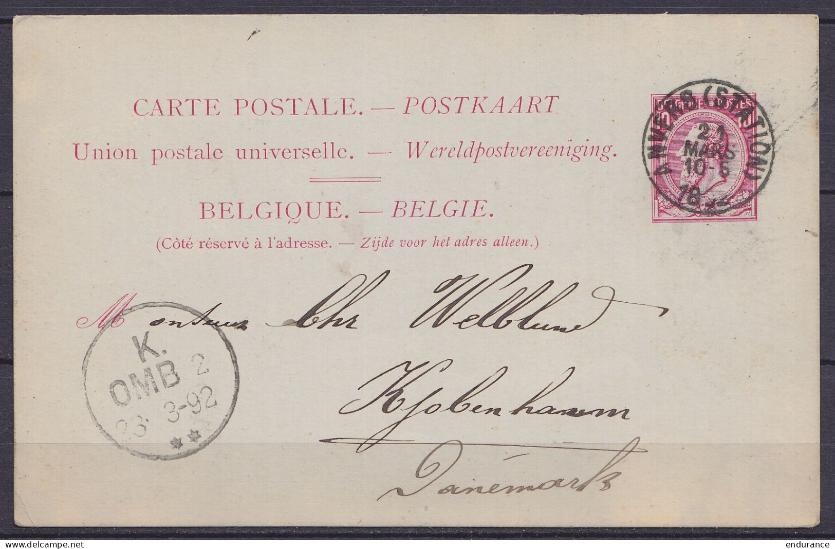 EP CP 10c Rose (type N°46) Càd ANVERS (STATION) /21 MARS 1892 Pour KJOBENHAVN (Copenhague Danemark) - Càd Arrivée - Briefkaarten 1871-1909