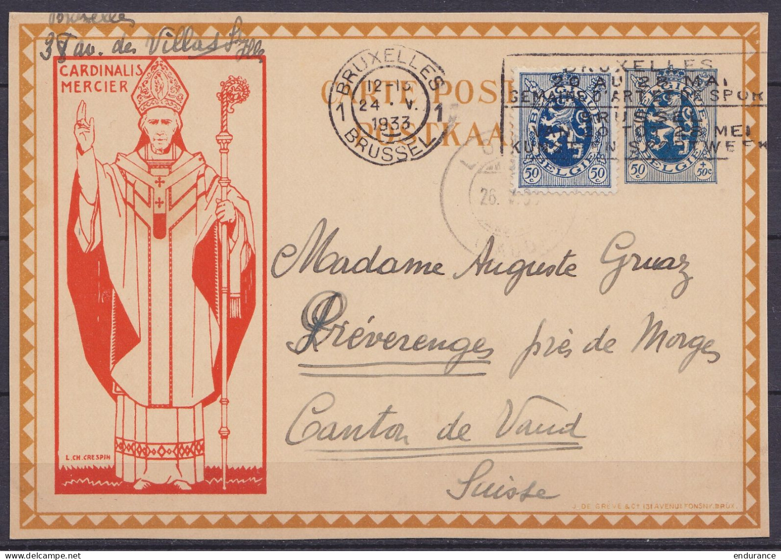 EP Cardinal Mercier CP 50c Bleu (type N°285) + N°285 Flam. "BRUXELLES 1 /24.V.1933/ SEMAINE D'ART ET DE SPORT" Pour PREV - Tarjetas 1909-1934