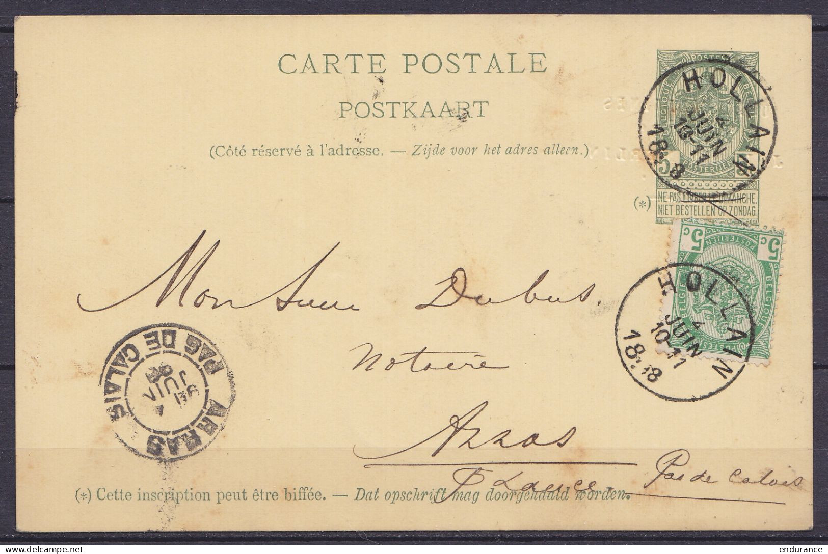 EP CP 5c Vert-gris  + N°56 Càd HOLLAIN /4 JUIN 1898 Pour Notaire Dubus à ARRAS - Càd Arrivée - Tarjetas 1871-1909