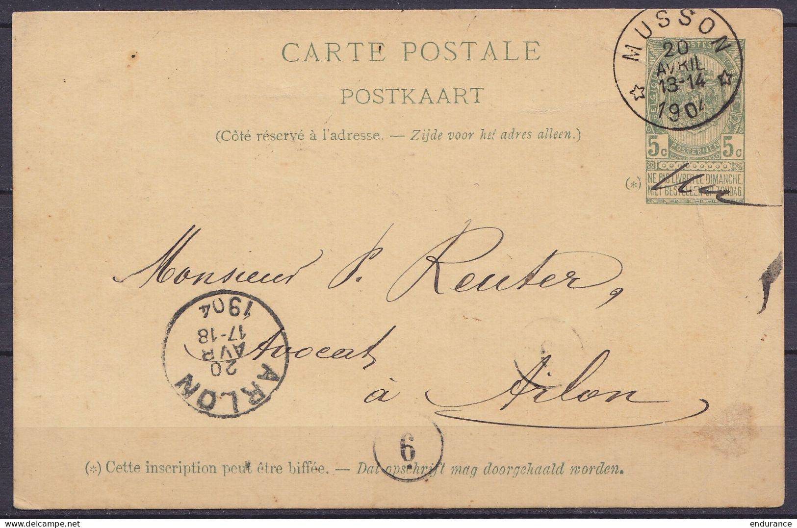 EP CP 5c Vert-gris Càd Relais *MUSSON* /20 AVRIL 1904 Pour ARLON - Briefkaarten 1871-1909