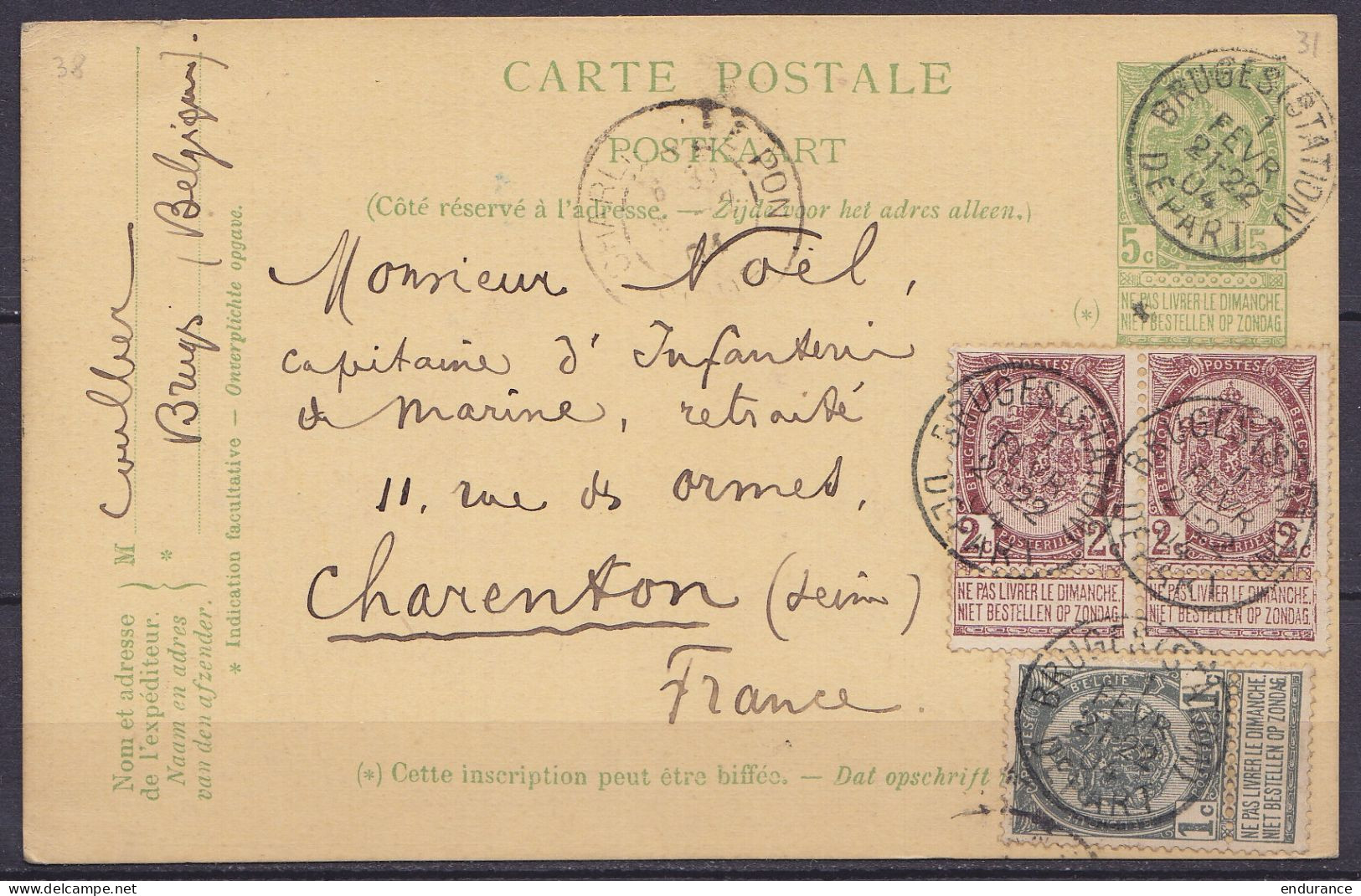 EP CP 5c Vert (type N°56) + Paire N°55 + N°54 Càd "BRUGES (STATION) /1 FEVR 1904/ DEPART" Pour Officier De Marine à CHAR - Postcards 1871-1909