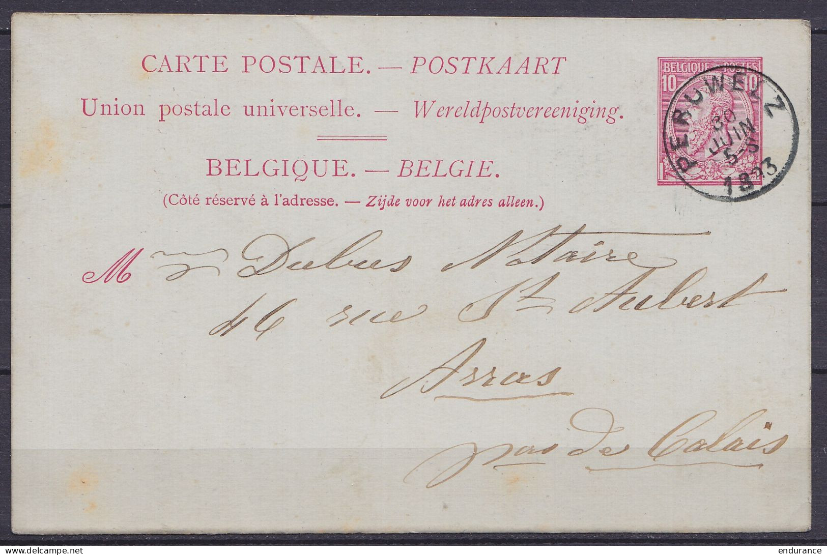 EP CP 10c Rose (type N°46) Càd PERUWELZ /30 JUIN 1893 Pour Notaire Dubus à ARRAS (au Dos: Càd Arrivée) - Cartes Postales 1871-1909