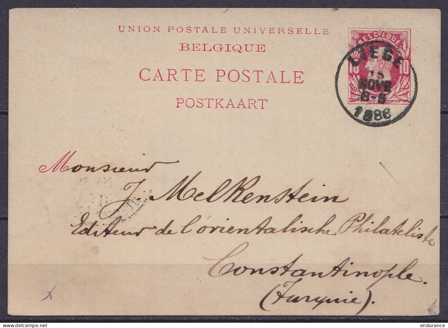 EP CP 10c Rouge (type N°30) Càd LIEGE /15 NOVE 1886 Pour CONSTANTINOPLE (Turquie Levant) (au Dos: Càd Arrivée Bureau All - Cartes Postales 1871-1909