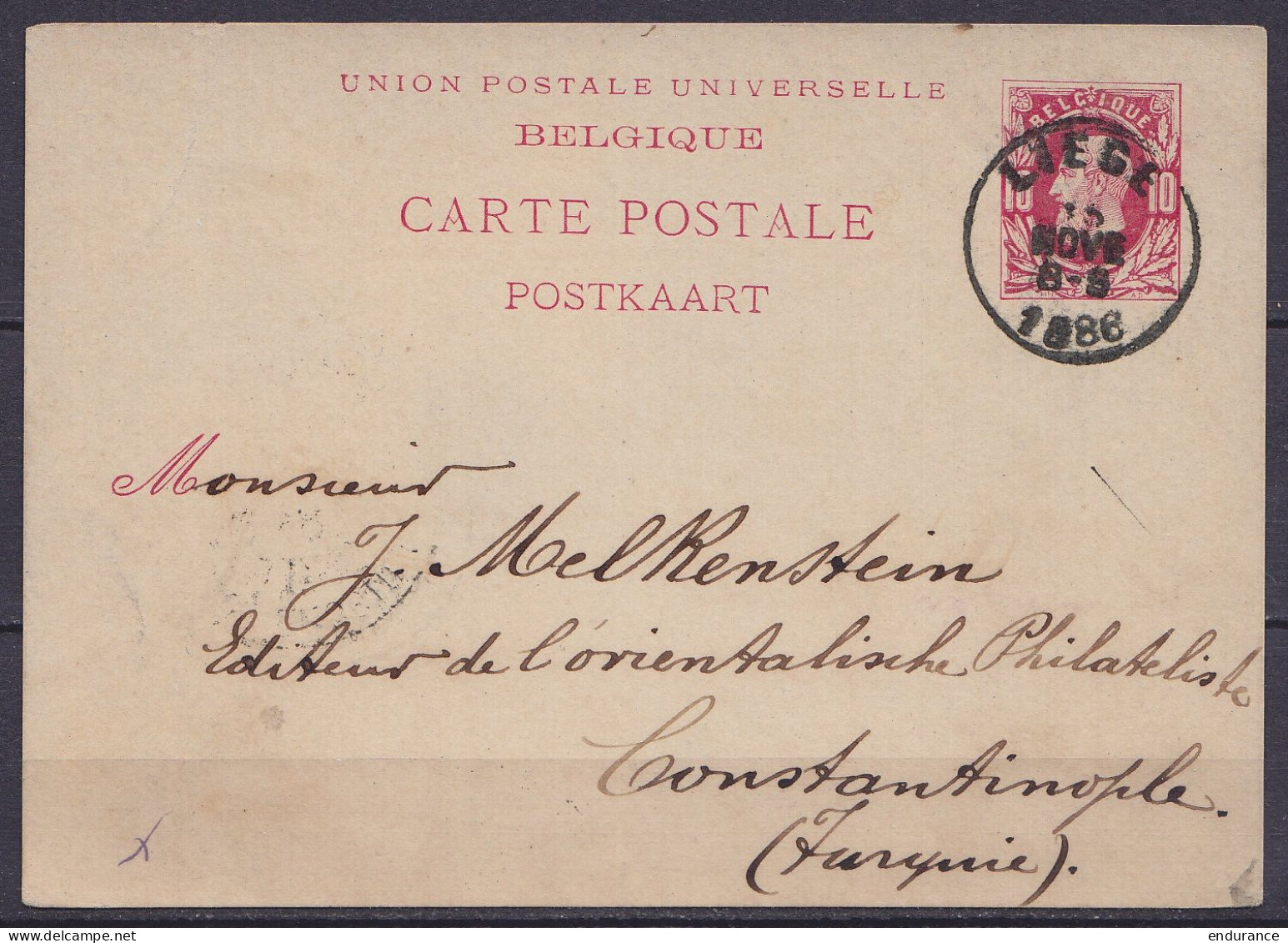 EP CP 10c Rouge (type N°30) Càd LIEGE /15 NOVE 1886 Pour CONSTANTINOPLE (Turquie Levant) (au Dos: Càd Arrivée Bureau All - Tarjetas 1871-1909