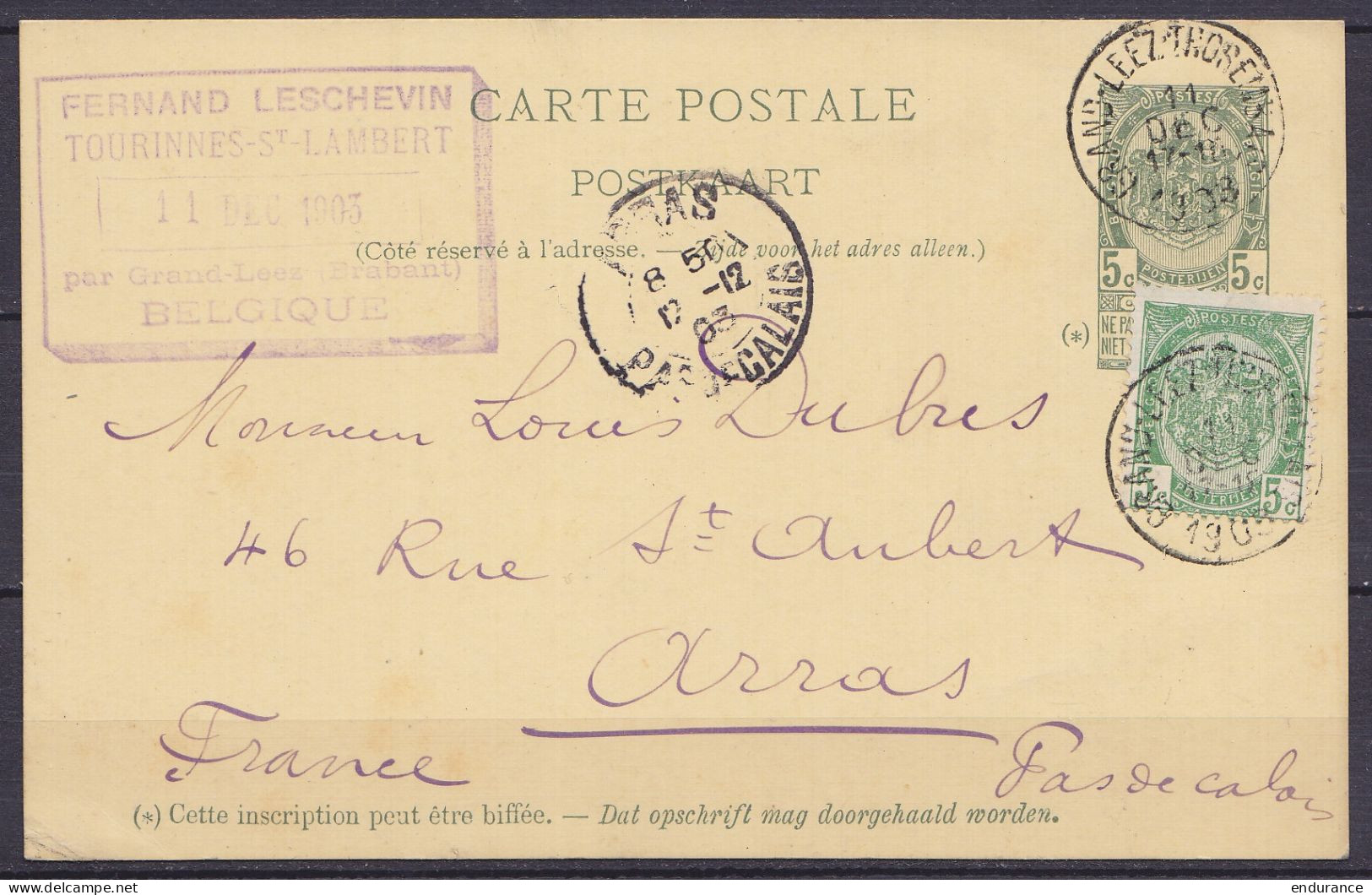EP CP 5c Vert-gris (type N°56) + N°56 De TOURINNES-ST-LAMBERT Càd GRAND-LEEZ-??????????? /11 OCTO 1903 Pour Notaire Coll - Cartes Postales 1871-1909