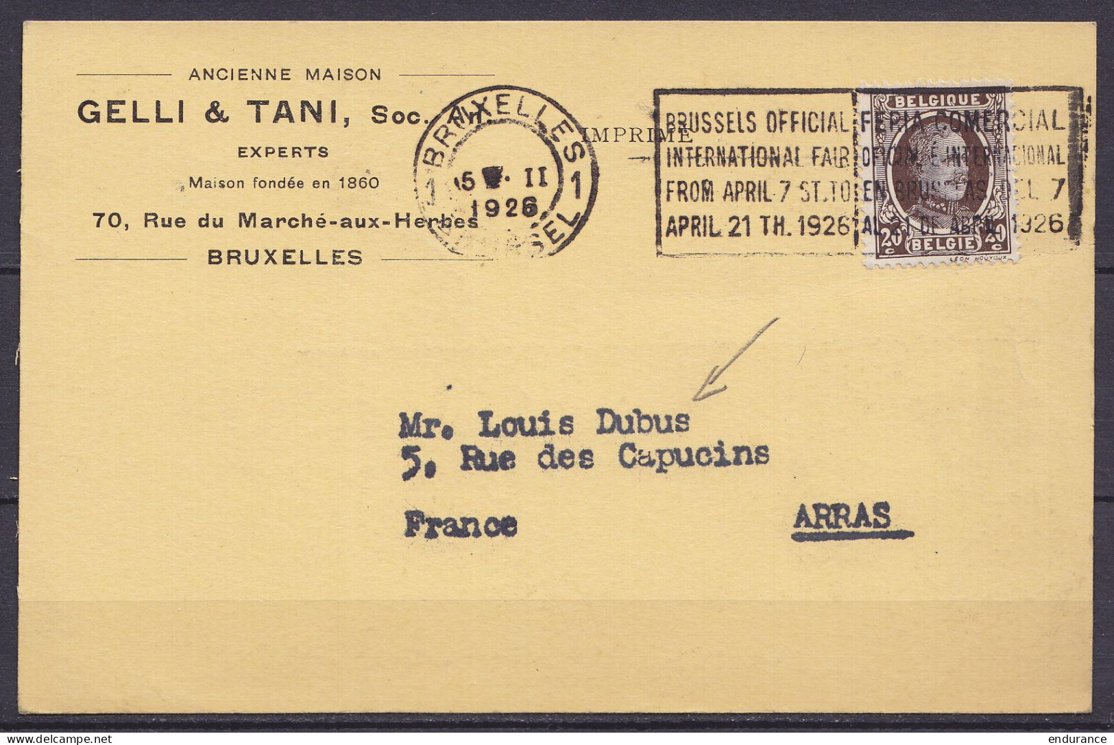 CP Pub "Philatélie Gelli & Tani" Affr. N°196 Flam. BRUXELLES 1 5.V.1926/ FERIA COMMERCIAL" Pour Collectionneur Dubus à A - 1922-1927 Houyoux