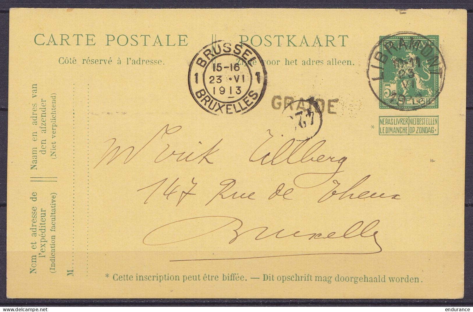 EP CP 10c Vert (type N°110) De Vresse Càd LIBRAMONT /23 VI 1913 Pour BRUXELLES - Griffe "GRAIDE" - Cartes Postales 1909-1934