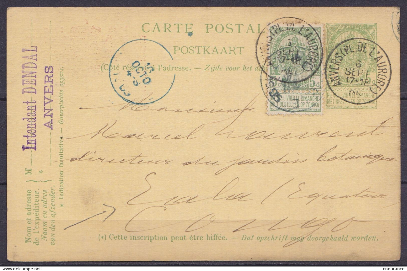 EP "75e An. Royauté" CP 5c Vert (type N°56) + N°56 Càd ANVERS (PL. DE L'AURORE) /6 SEPT 1906 Pour ??? Congo Belge (effic - Tarjetas 1871-1909