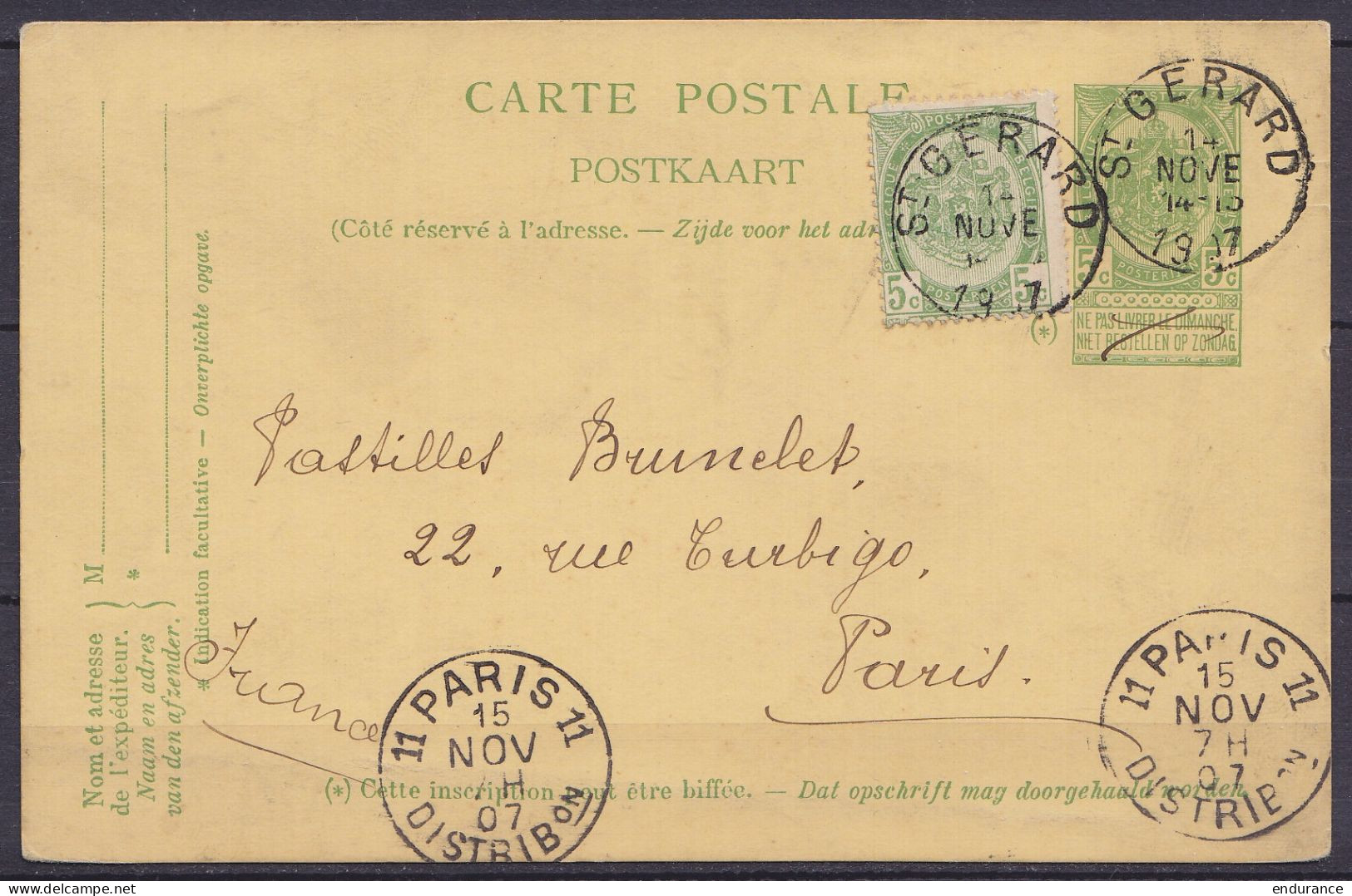 EP CP 5c Vert (type N°56) + N°56 Càd ST-GERARD /14 NOVE 1907 Pour PARIS - Càd Arrivée "PARIS 11/DISTRIBon" - Briefkaarten 1871-1909