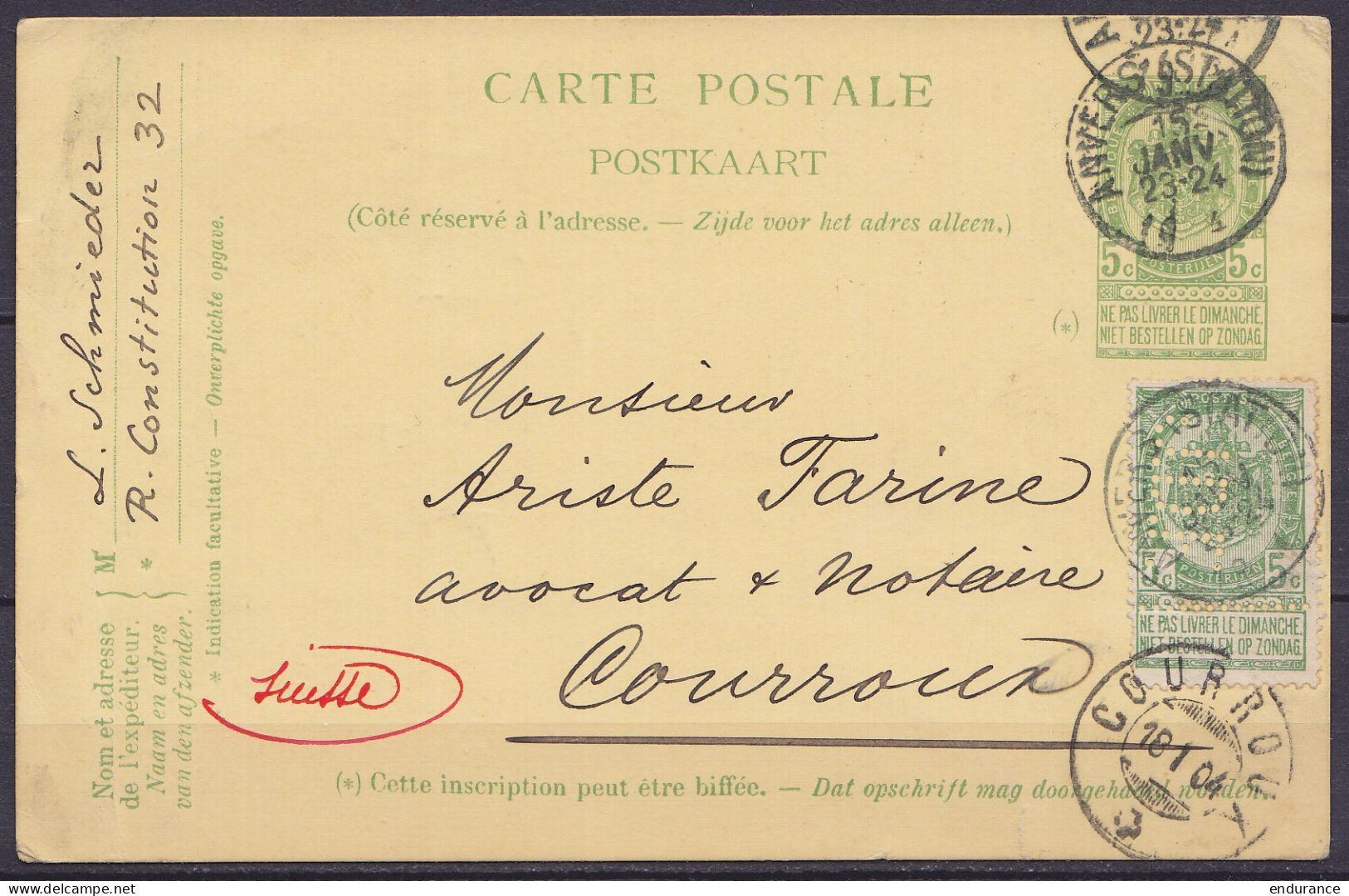 EP CP 5c Vert (type N°56) + N°56 Perforé ! Càd ANVERS (STATION) /15 JANV 1904 Pour COURROUX Suisse - Càpt Arrivée COURRO - Cartes Postales 1871-1909