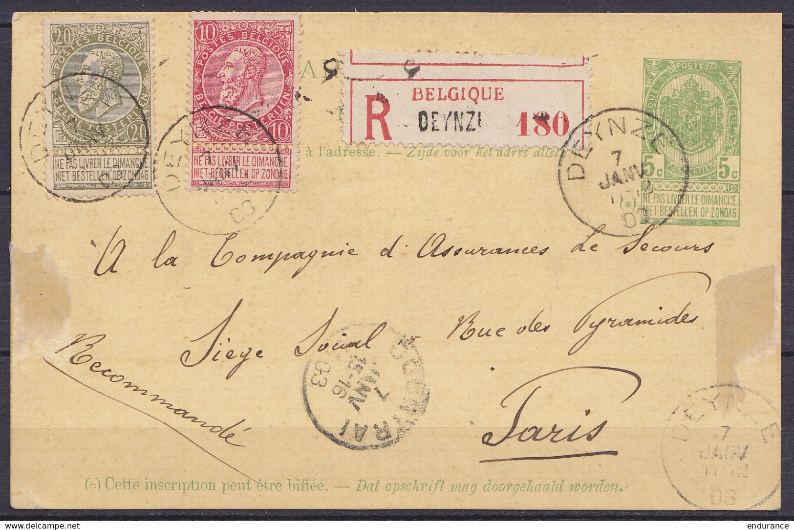 EP CP 5c Vert (type N°56) + N°58+59 Càd DEYNZE /7 JANV 1903 En Recommandé Pour PARIS - Càd COURTRAI  - Cartes Postales 1871-1909