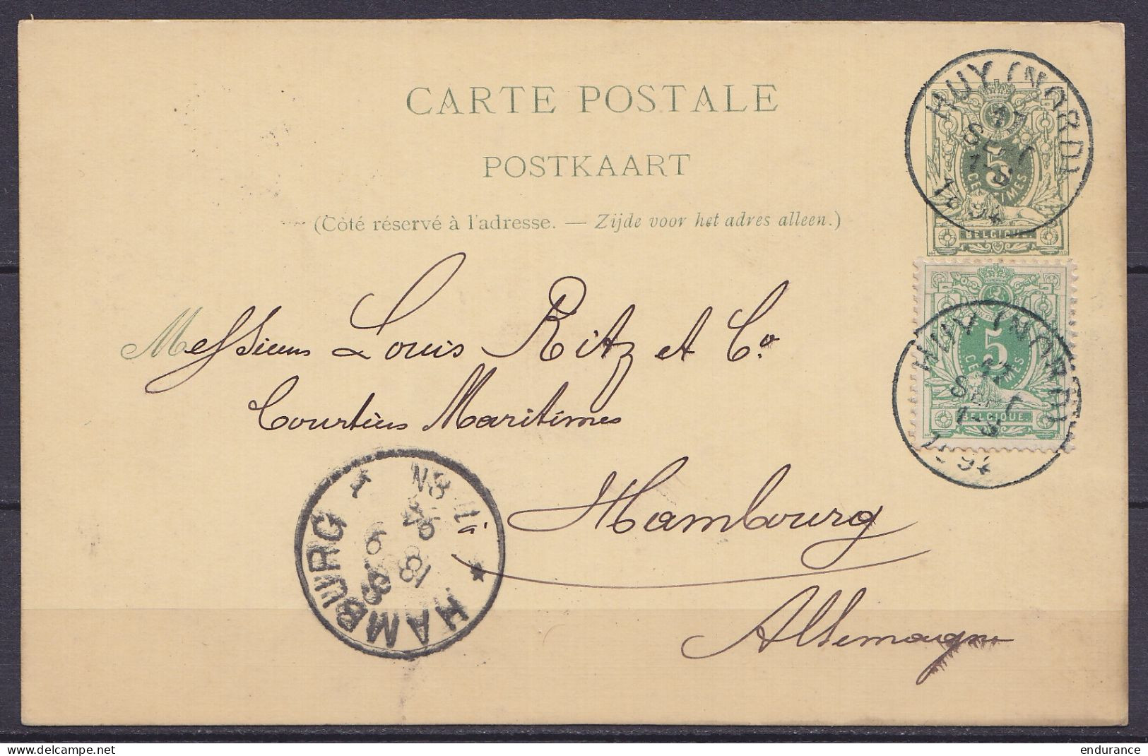 EP CP 5c Vert (type N°45) + N°45 Càd HUY (NORD) /17 SEPT 1894 Pour HAMBOURG Allemagne - Càd Arrivée HAMBURG - Cartes Postales 1871-1909