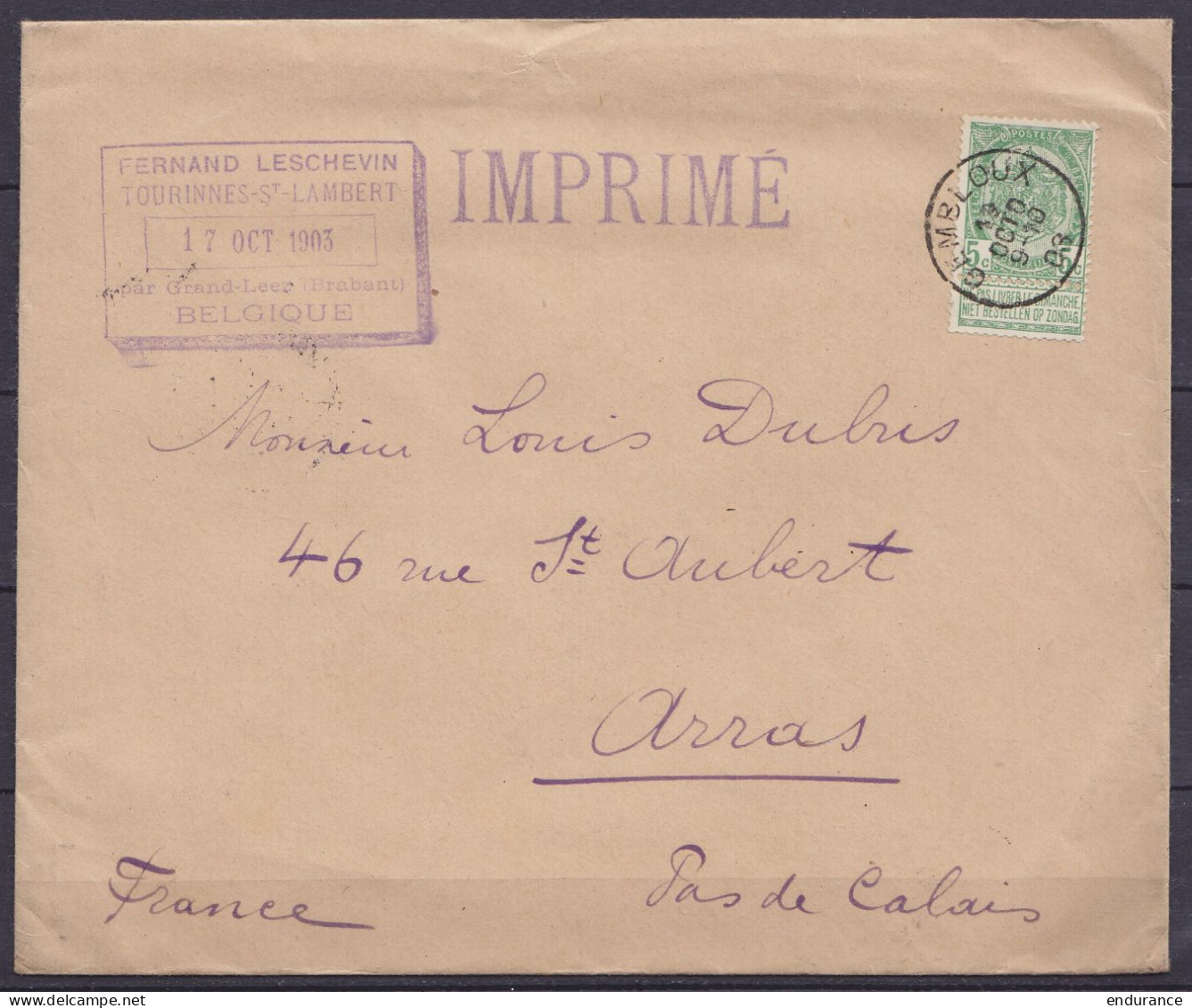 Env. Gd Format "IMPRIMÉ" De Tourinnes-St-Lambert Affr. N°56 Càd GEMBLOUX /19 OCTO 1903 Pour Collectionneur Dubus à ARRAS - 1893-1907 Wappen