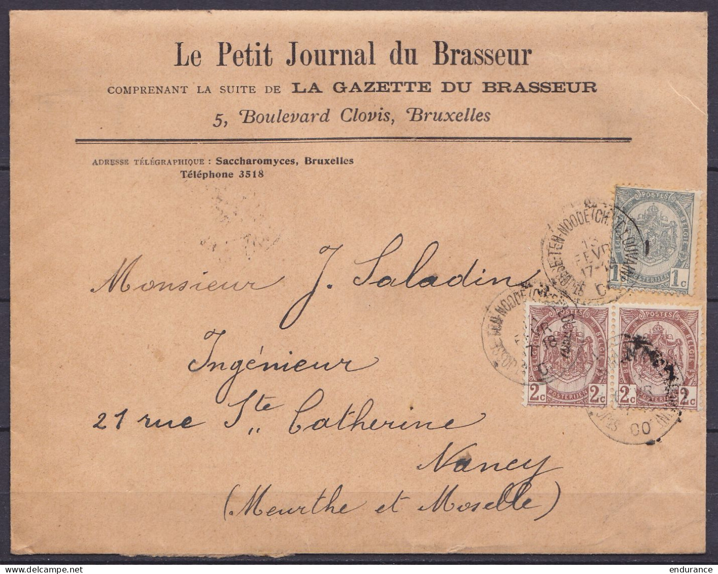 Env. (imprimés) "Le Petit Journal Du Brasseur" Affr. N°53 + 2x N°55 Càd ST-JOSSE-TEN-NOODE (CH. DE LOUVAIN) /13 FEVR 190 - 1893-1907 Wapenschild