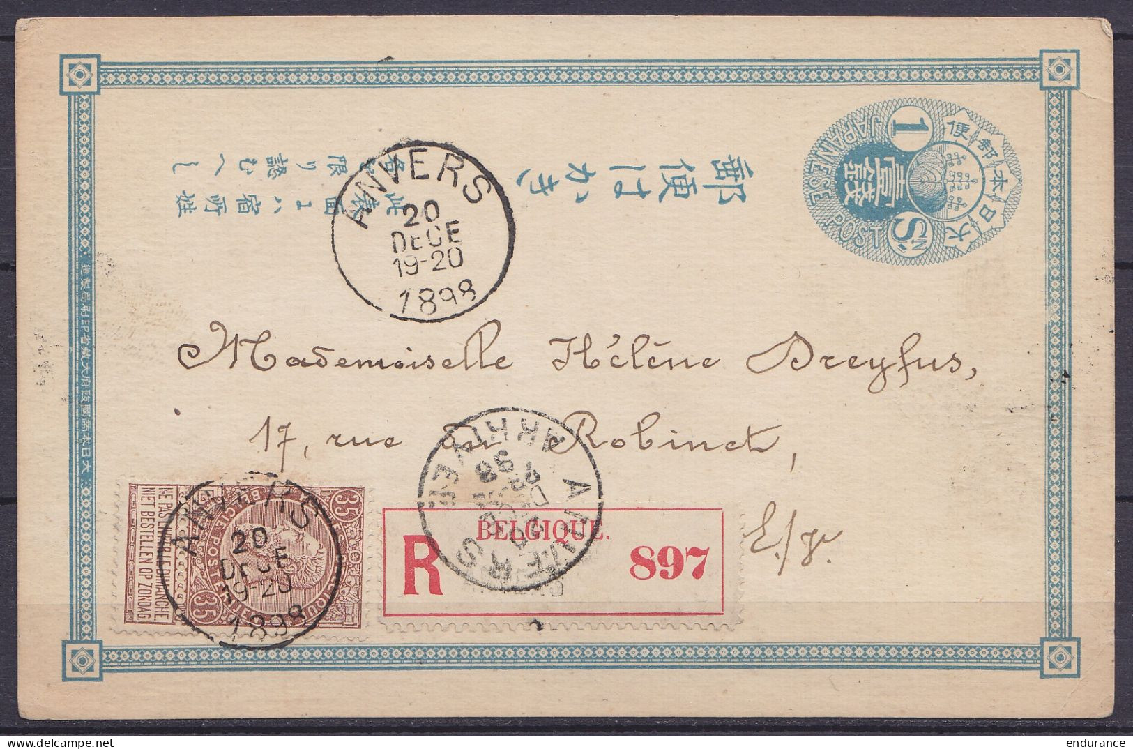 CP EP Du Japon Utilisé Comme Support Affr. N°61 Càd ANVERS /20 DECE 1898 En Recommandé Pour E/V - Superbe ! - 1893-1900 Fijne Baard