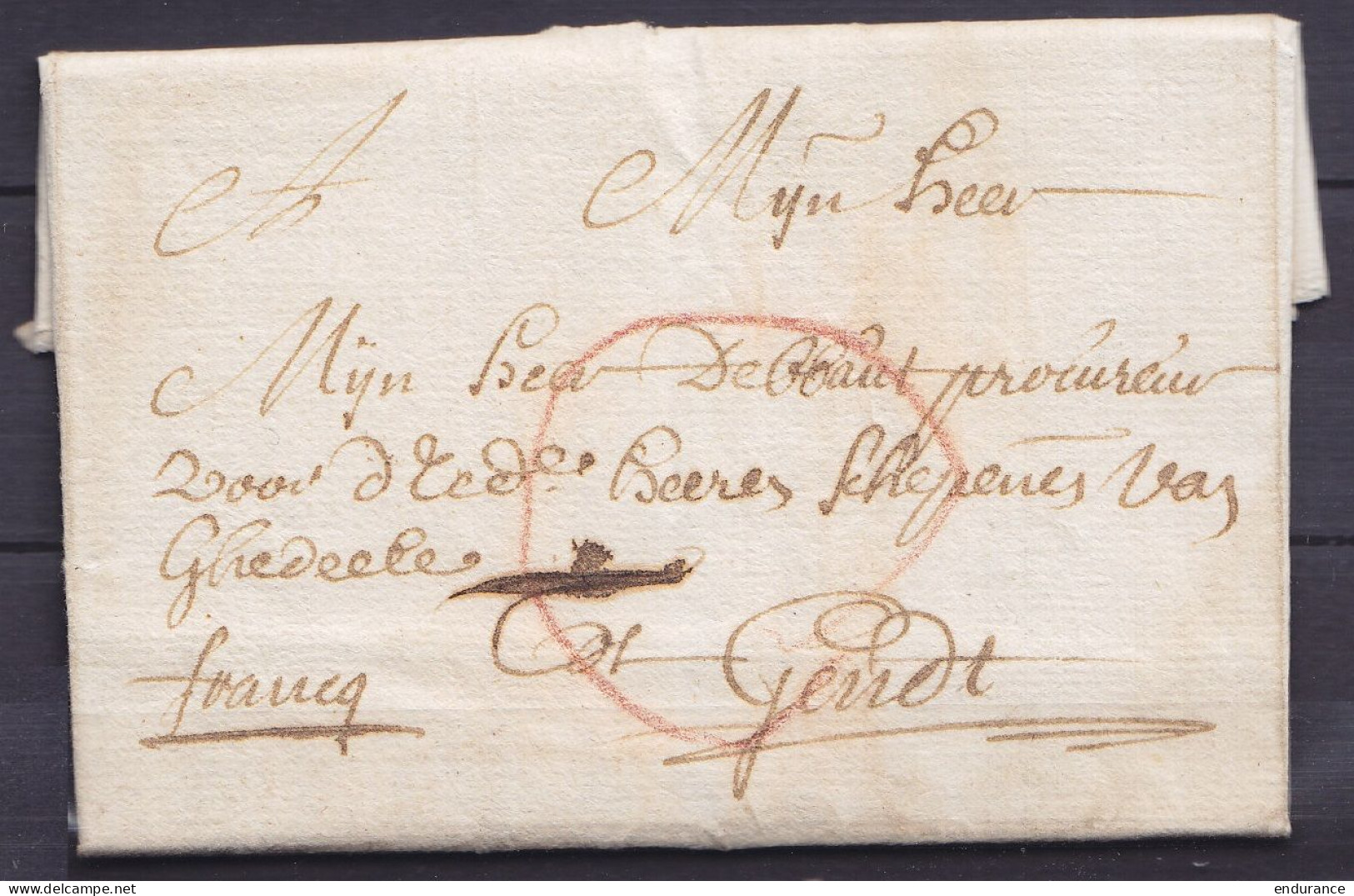 L. Datée 1e Février 1722 De INGELMUNSTER Pour GENDT - Marque "O" (= Port Payé) Au Crayon Rouge - Man. "francq" - 1714-1794 (Pays-Bas Autrichiens)