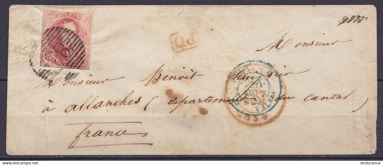 Env. Affr. N°8 P83 Càd MONS /20 SEPT 1854 Pour ALLANCHES (Cantal) - Càd "BELG.5 /20 SEPT.54/ VALnes" - [PD] (au Dos: Càd - 1851-1857 Médaillons (6/8)