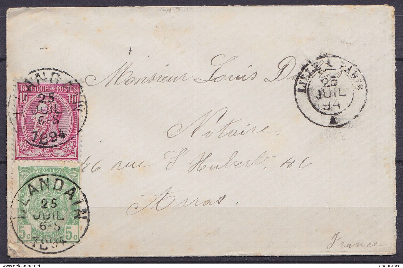 Env. Affr. N°46+56 (tarif Frontalier) Càd BLANDAIN /25 JUIL 1894 Pour Notaire Dubus à ARRAS - Càd "LILLE A PARIS" (ambul - 1893-1900 Thin Beard