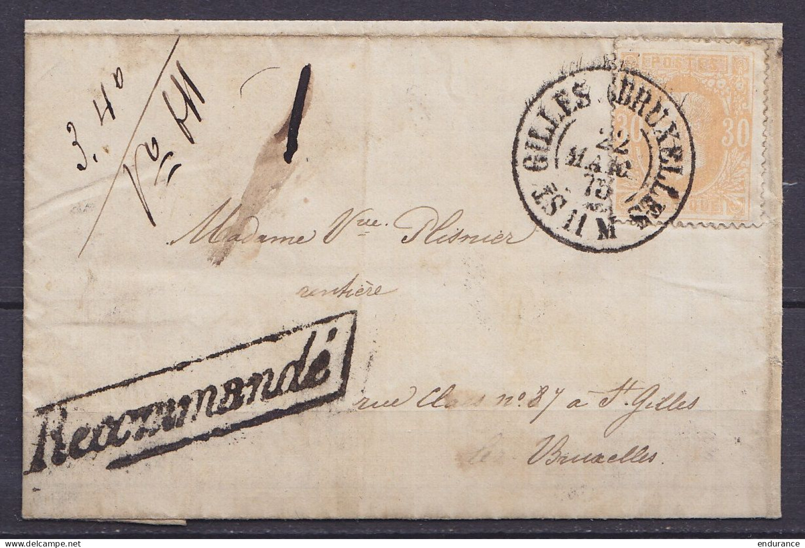 LSC (sans Contenu) Recommandée Affr. N°33 Càd ST-GILLES (BRUXELLES) /22 MARS 1875 Pour E/V - Griffe [Recommandé] (au Dos - 1869-1883 Leopoldo II