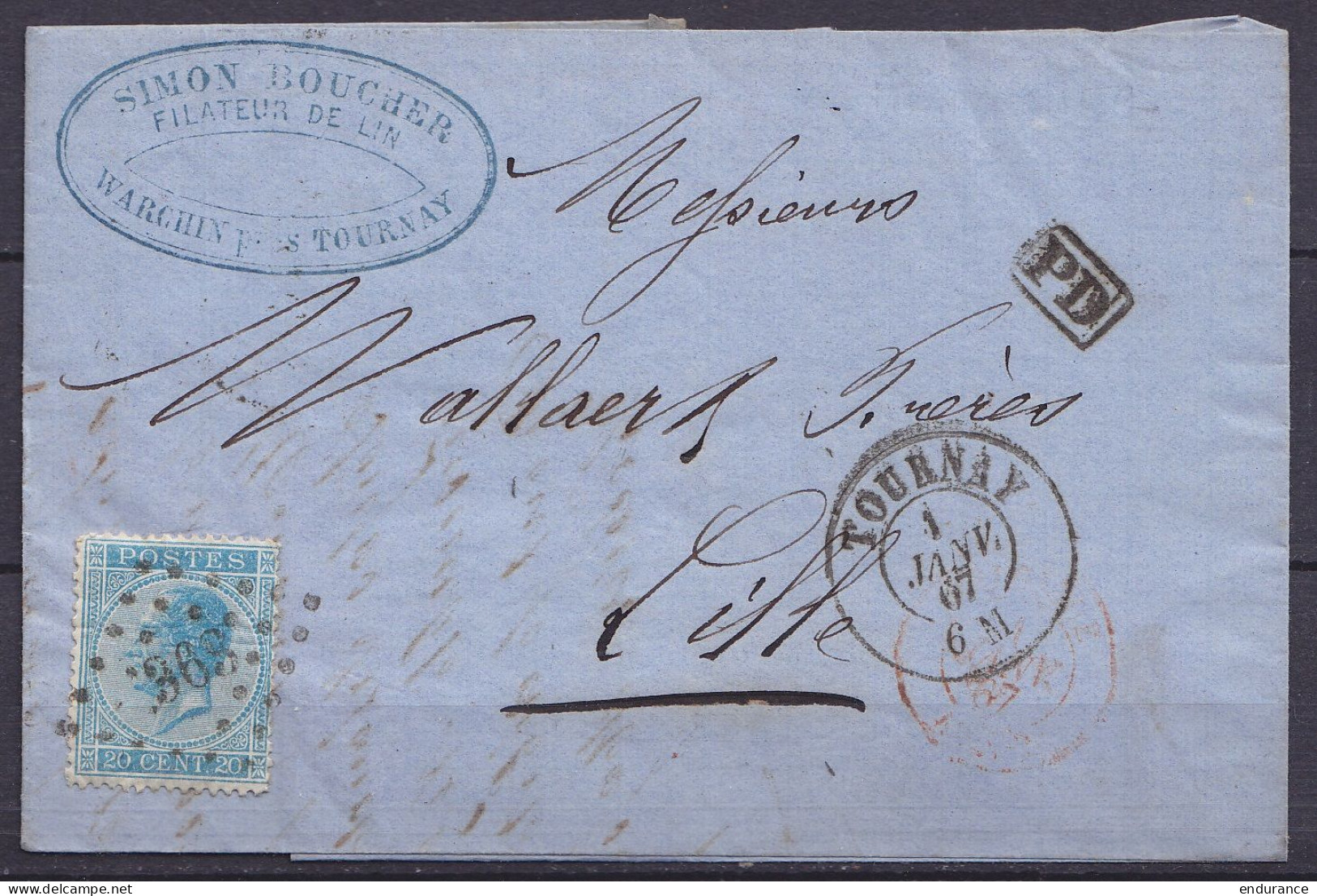 L. Datée 31 Décembre De Warchin Affr. N°18 (port Frontalier) Lpts "363" Càd TOURNAY /1 JANV 1867 Pour LILLE - [PD] (au D - 1865-1866 Perfil Izquierdo