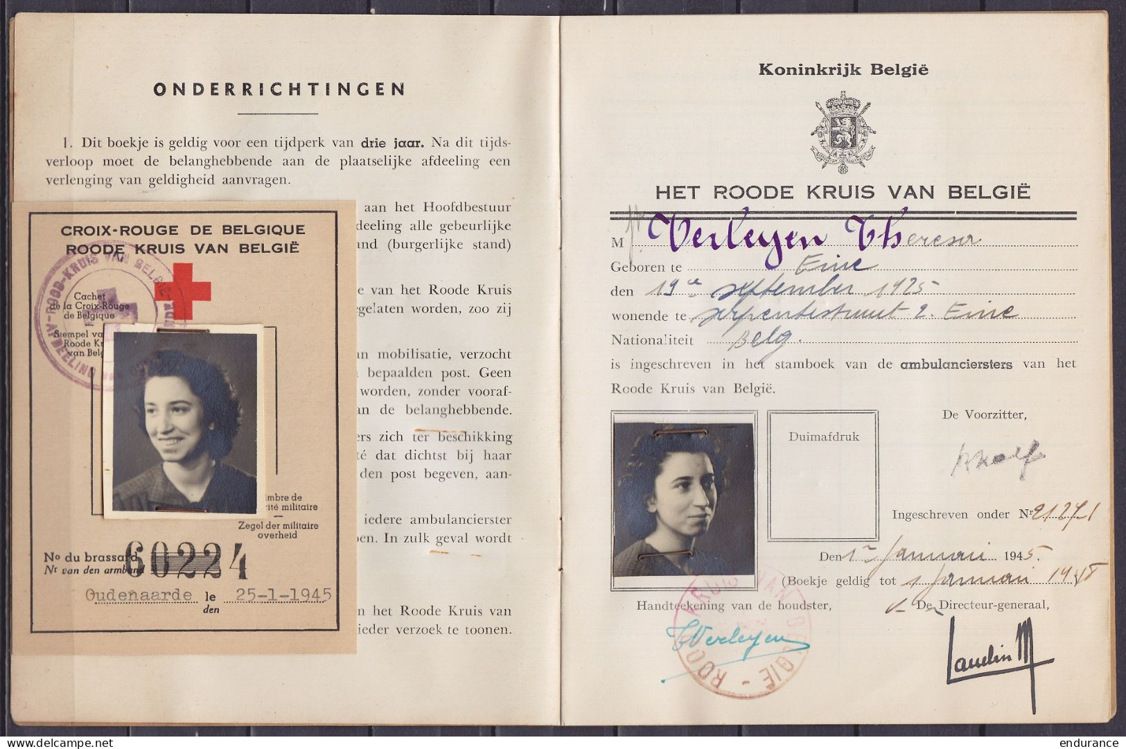 Croix-Rouge De Belgique - Carnet (stamboek Van De Ambulanciers), Carte Et Brassard D'une Ambulancière 1945 - Historische Dokumente