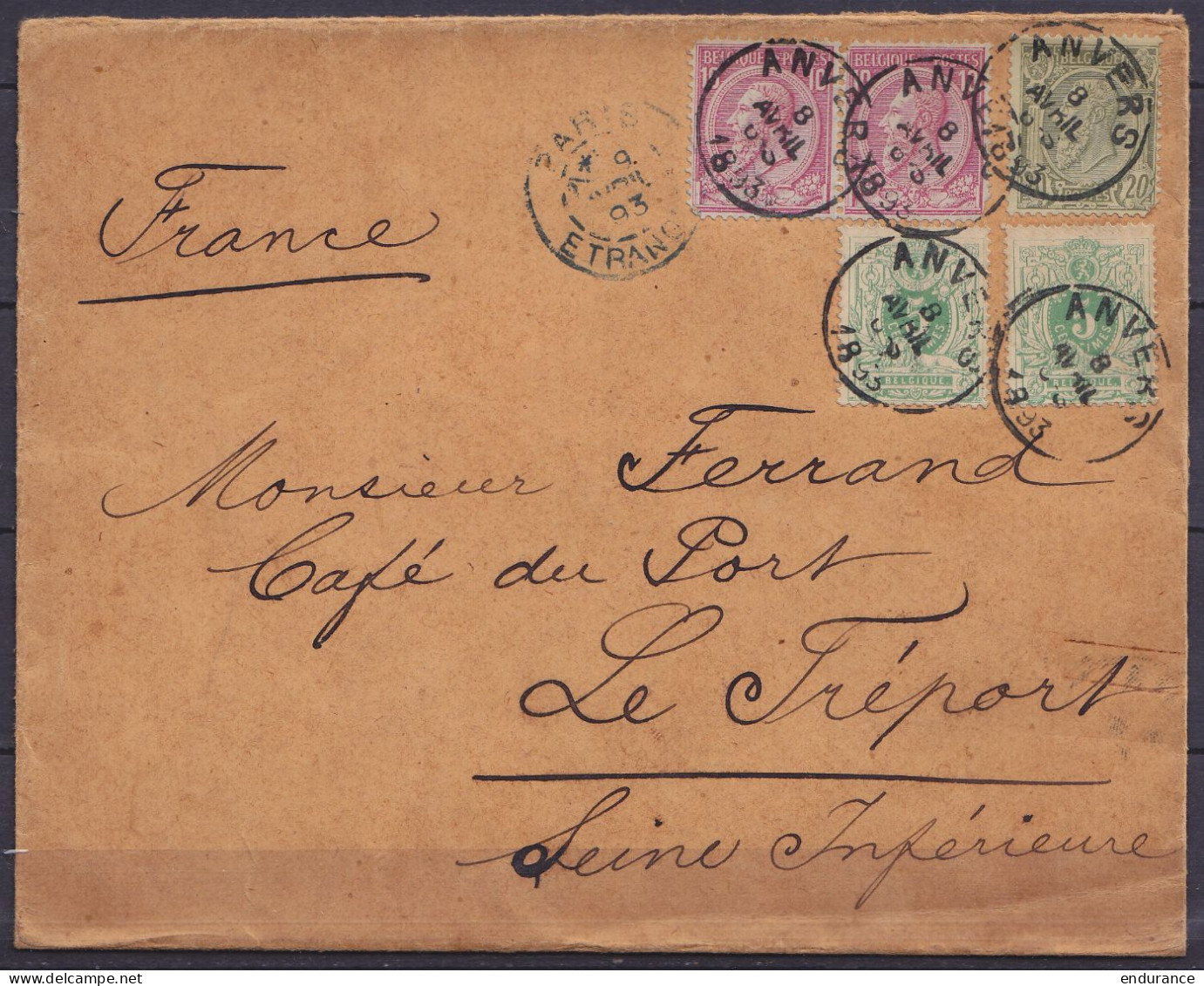 Env. Affr. 2x N°45+46 + N°47 Càd ANVERS /8 AVRIL 1893 Pour Café Du Port à LE TREPORT France - Càd "PARIS/ETRANGER" (au D - 1884-1891 Léopold II