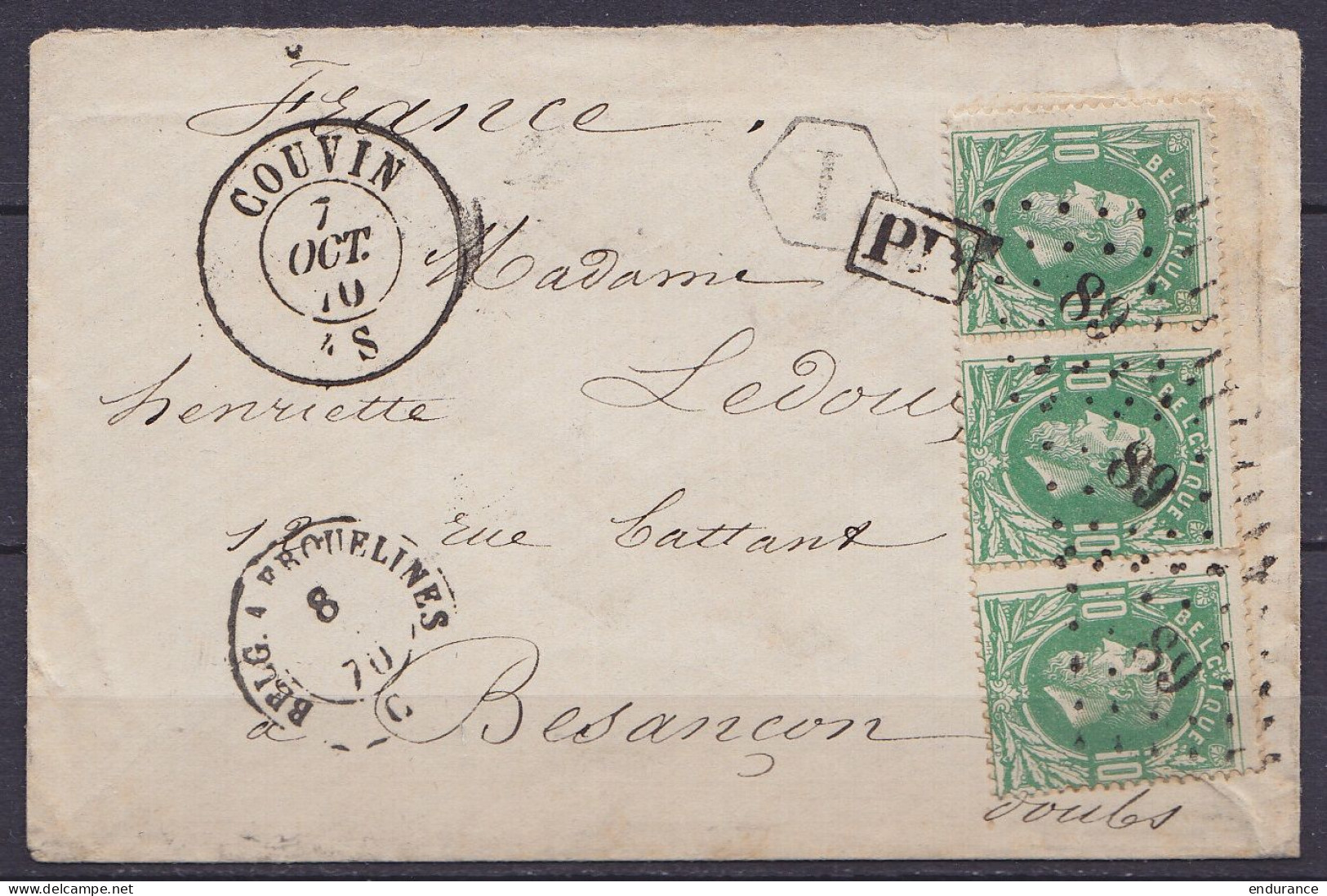 Env. Affr. Bande De 3 N°30 Lpts "89" Càd COUVIN /7 OCT. 1870 Pour BESANCON - Boîte Auxiliaire "I" - [PD] - Càd Bureau D' - 1869-1883 Leopold II.