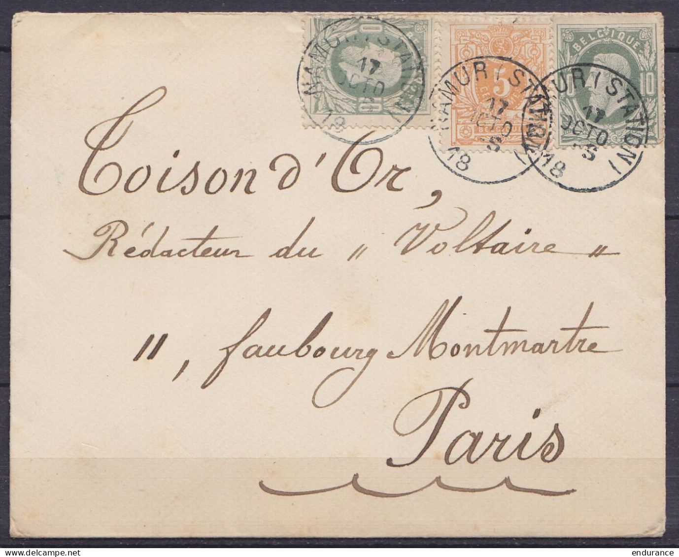 Env. Affr. 2x N°30 + N°28 Càd NAMUR (STATION) /17 OCTO 18__ (1882) Pour PARIS (au Dos: Càd Arrivée PARIS) - 1869-1883 Léopold II