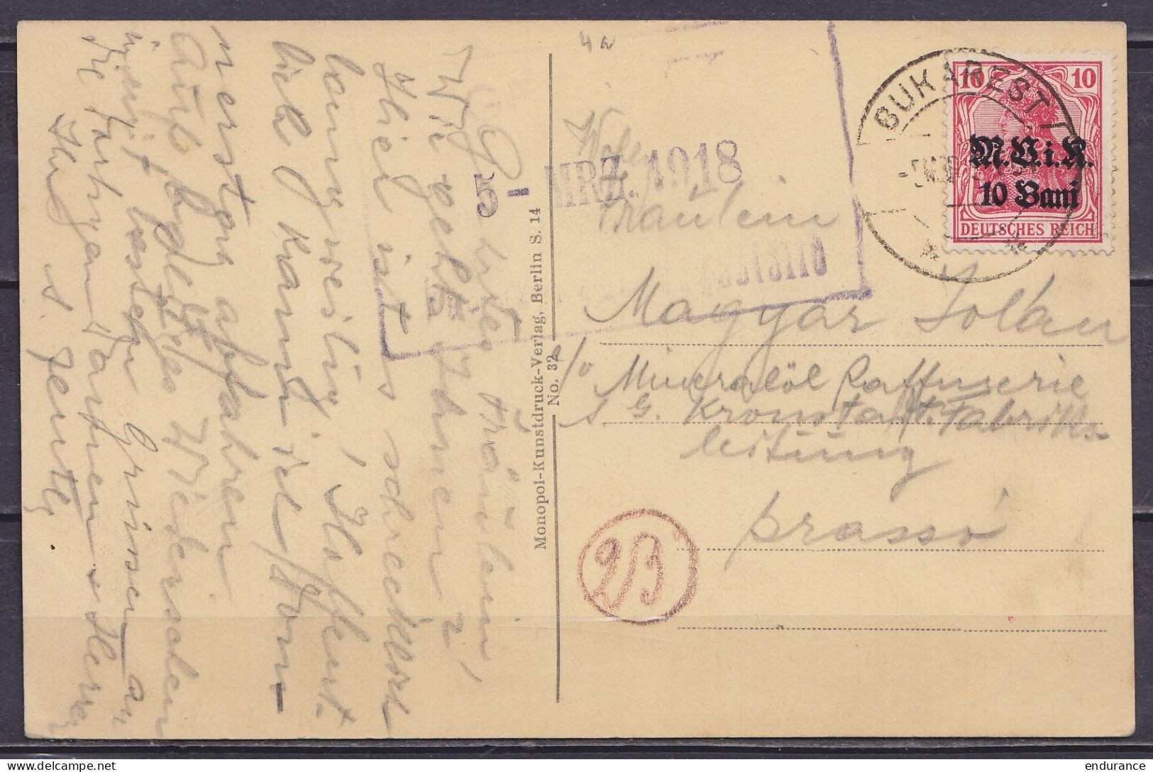 Roumanie Occupation Allemande - CP Bucarest Affr. 10b Càpt BUKAREST /5 MRZ 1918 Pour BRASSOV Brașov - Cachet Censure Mil - Lettres 1ère Guerre Mondiale