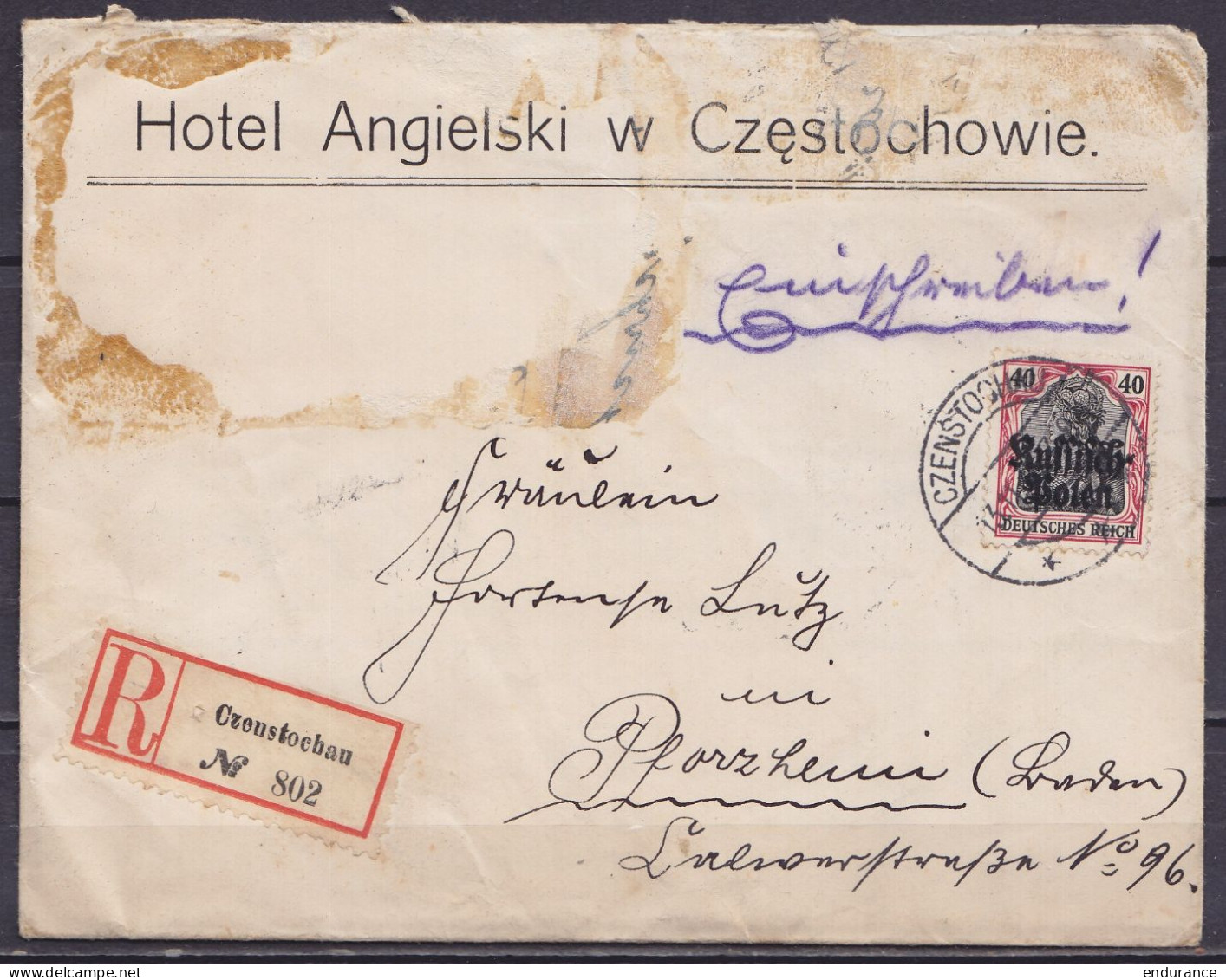 Pologne Occupation Allemande - Env. Hôtel Angielski En Recommandé Affr. 40pf Càpt CZENSTOCHAU /13.11.1915 Pour PFORZHEIM - Occupation 1914-18