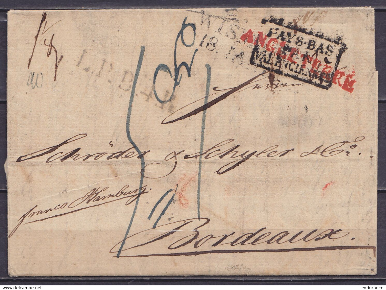 L. Cachet Date WISMAR /18 JAN 1827 Pour BORDEAUX - Griffe "L.P.B.4.R." & "ANGLETERRE" (erreur !) - Marque [PAYS-BAS /PAR - [Voorlopers