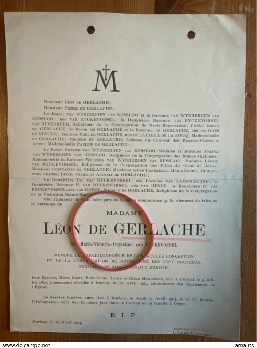 Madame Leon De Gerlache Nee Van Ryckevorsel *1849 Utrecht +1904 Durbuy Orgeo Van Wynbergen Du Bois De Nevele Van Bussloo - Todesanzeige