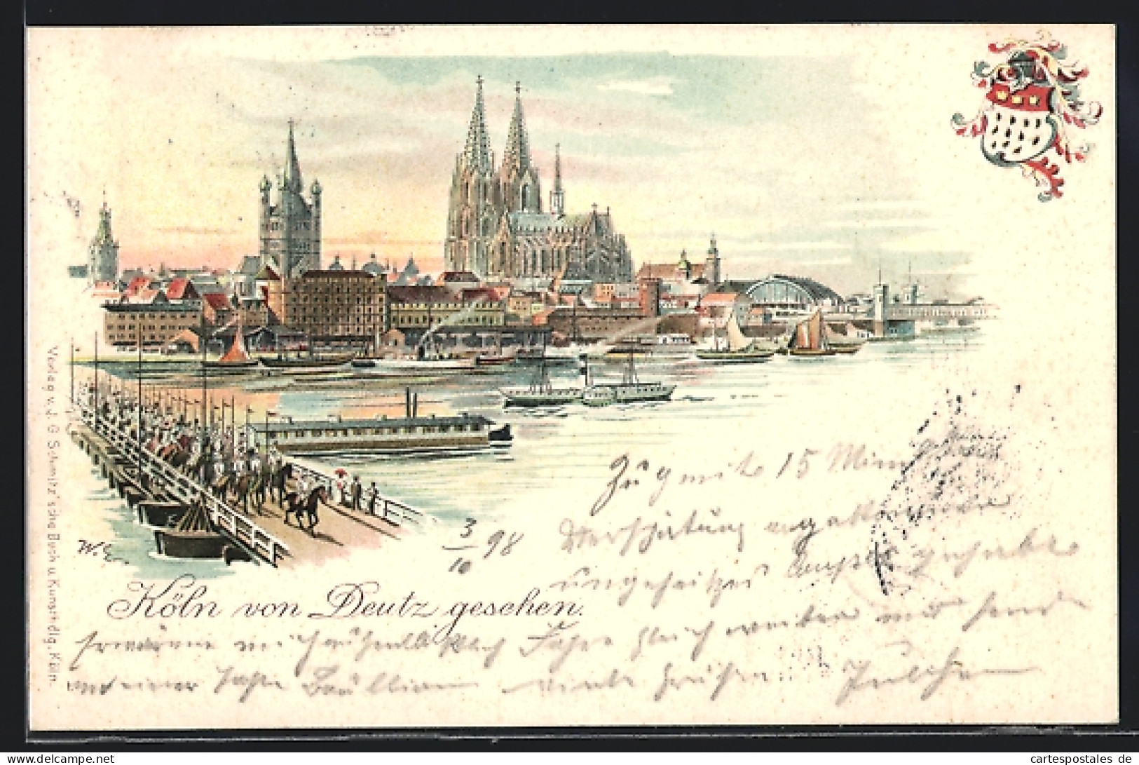 Lithographie Köln, Ortspartie, Panorama Von Deutz Aus, Mit Brücke, Wappen  - Koeln