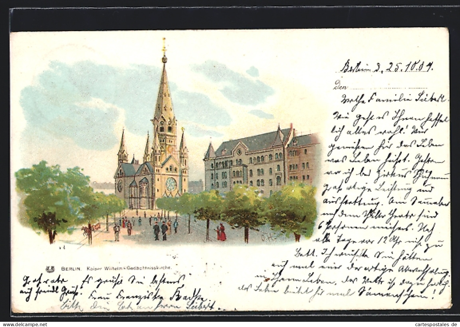 Lithographie Berlin-Charlottenburg, Kaiser Wilhelm-Gedächtniskirche Mit Strasse Und Passanten  - Charlottenburg