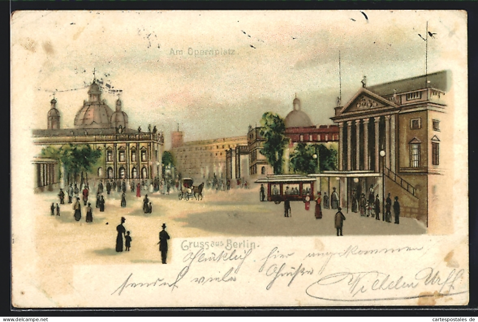 Lithographie Berlin, Opernplatz Mit Passanten Und Strassenbahn  - Mitte