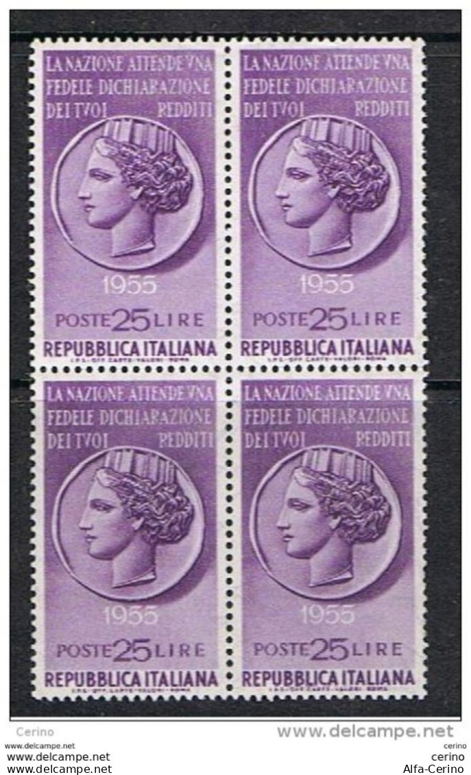 REPUBBLICA:  1955  DENUNCIA  DEI  REDDITI  -  £. 25  VIOLETTO  BL. 4  N. -  SASS. 778 - Blocks & Kleinbögen