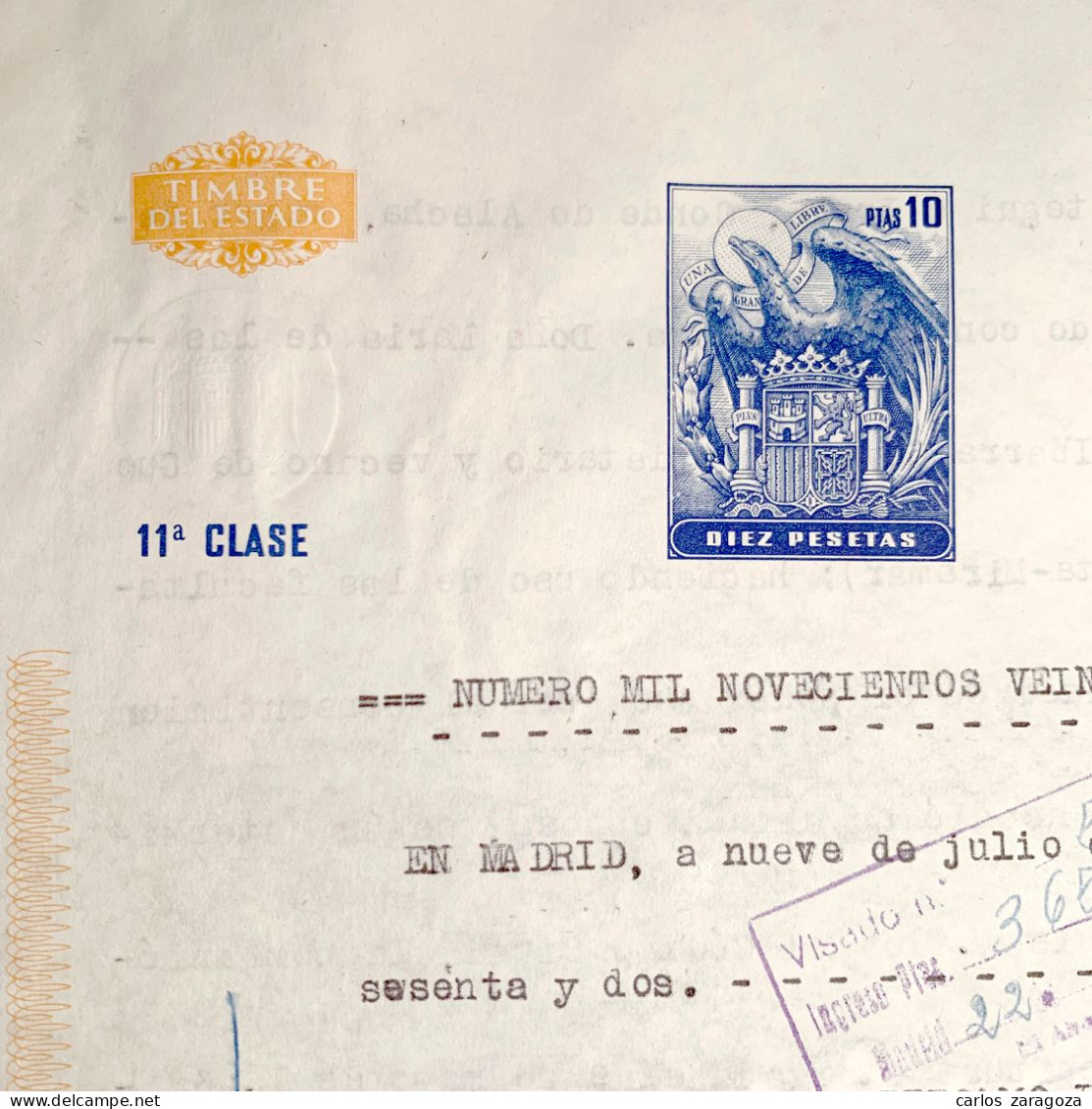 ESPAÑA 1962 — TIMBRE DEL ESTADO De 10 Ptas—Pliego Fiscal. Marca De Agua: REYES CATÓLICOS - Steuermarken