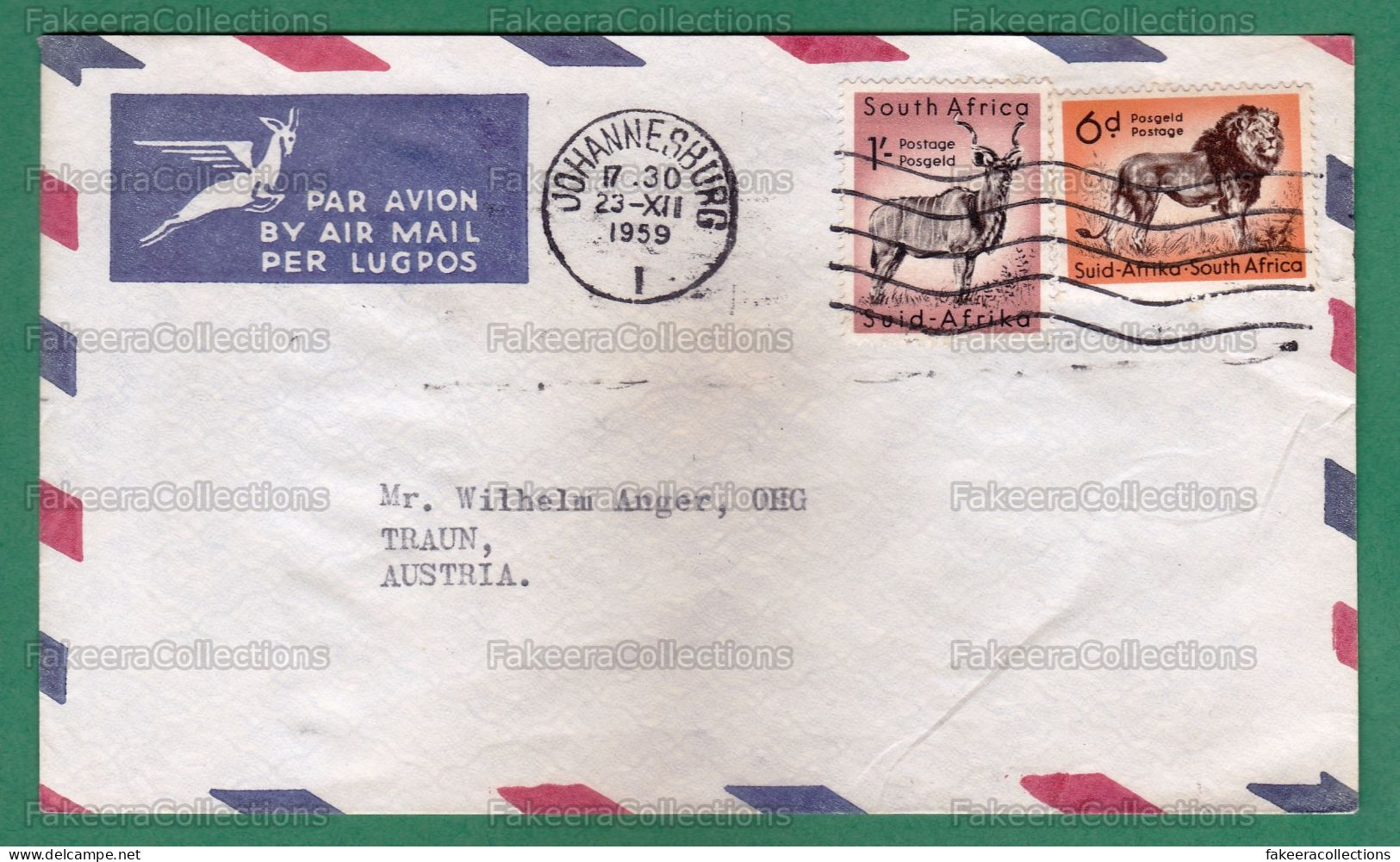 SOUTH AFRICA 1959 - Letter / Cover Sent To AUSTRIA With 6d LION, 1/- KUDU Stamp - Wildlife, Animals, Antelope - As Scan - Big Cats (cats Of Prey)