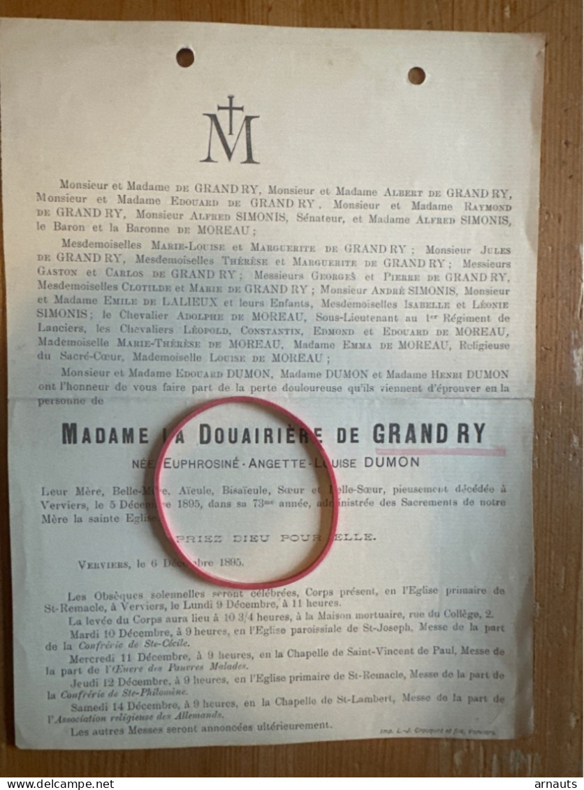 Madame La Douairiere De Grand Ry Nee Dumon Euphrosine *1822+1895 Verviers Simonis De Moreau De Lalieux - Todesanzeige