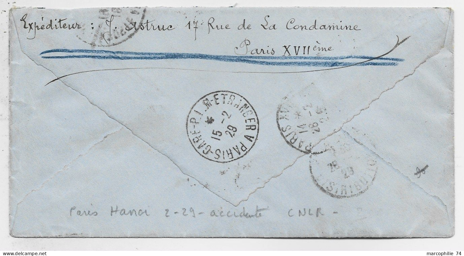 FRANCE MERSON 10FR+ 1FR50 PASTEUR  LETTRE COVER AVION PARIS 15.2.1929 FRANCE INDOCHNE + RAID INTERROMPU PAR ACCIDENT - 1927-1959 Lettres & Documents