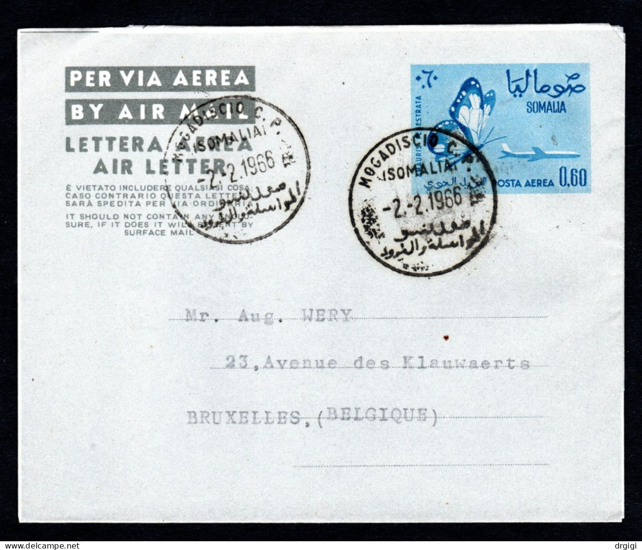 SOMALIA, 1966, INTERO POSTALE A 0 CEI, MOGADISCIO X BRUXELLES, AEROGRAMMA - Somalië (1960-...)