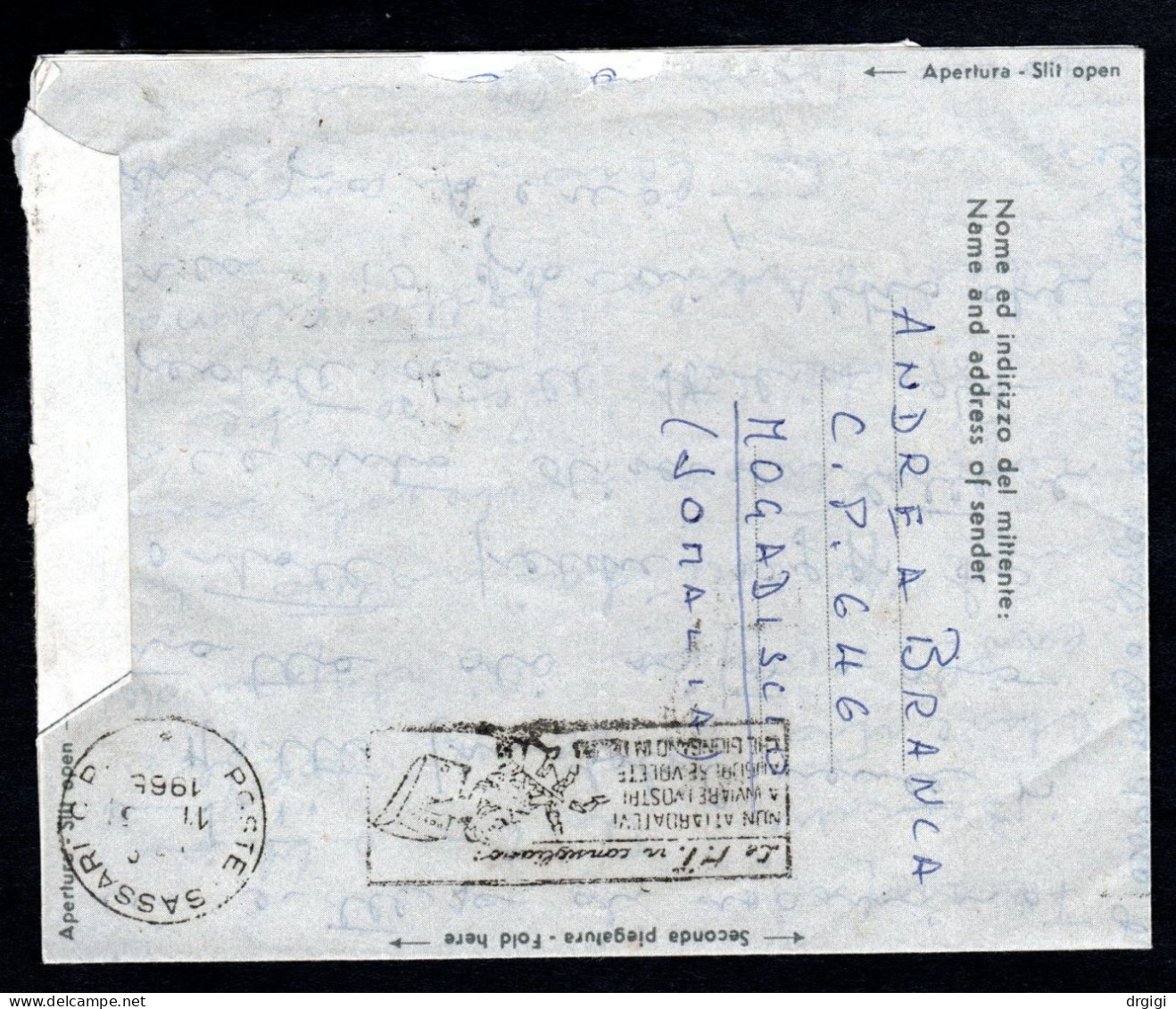 SOMALIA, 1965, INTERO POSTALE A 0 CEI, MOGADISCIO X SASSARI, AEROGRAMMA - Somalië (1960-...)