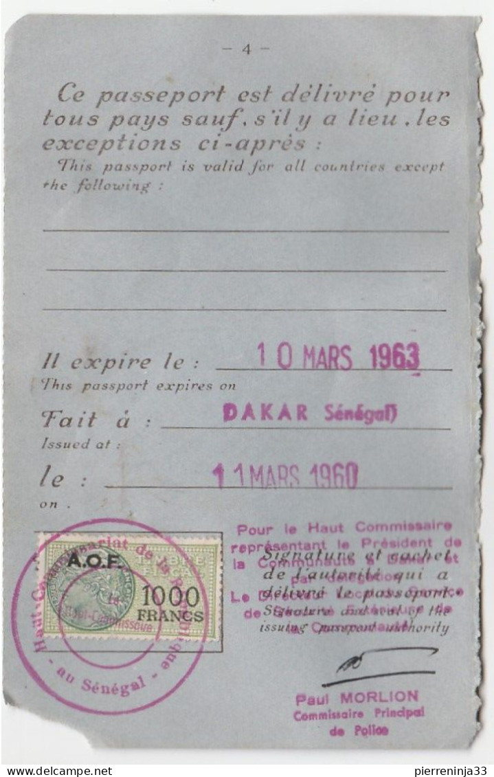 Passeport Sénégal Avec Timbre Fiscal De 1000f Surchargé AOF, 1960 - Lettres & Documents