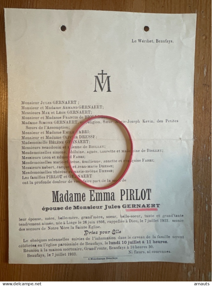 Madame Emme Pirlot Epouse Gernaert Jules *1866 Liege +1933 Beaufays Le Werihet Fabri Dresse De Biolley - Obituary Notices