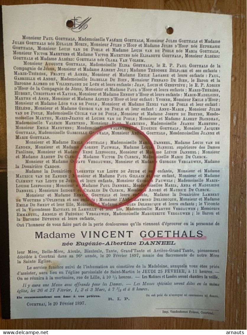 Madame Vincent Goethals Nee Danneel Eugene *1801+1897 Courtrai Morin D’Hoop Van De Poele Van Volsem Belpaire Lagasse - Décès